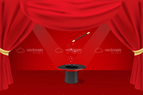 Magician Top Hat and Wand on Stage with Red Curtains